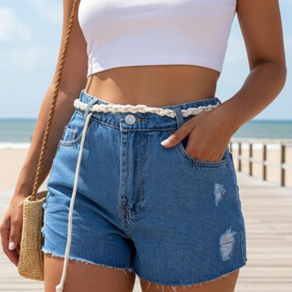 Short Jeans Feminino Cintura Alta Premium  com Cinto Trançado Estilo Verão