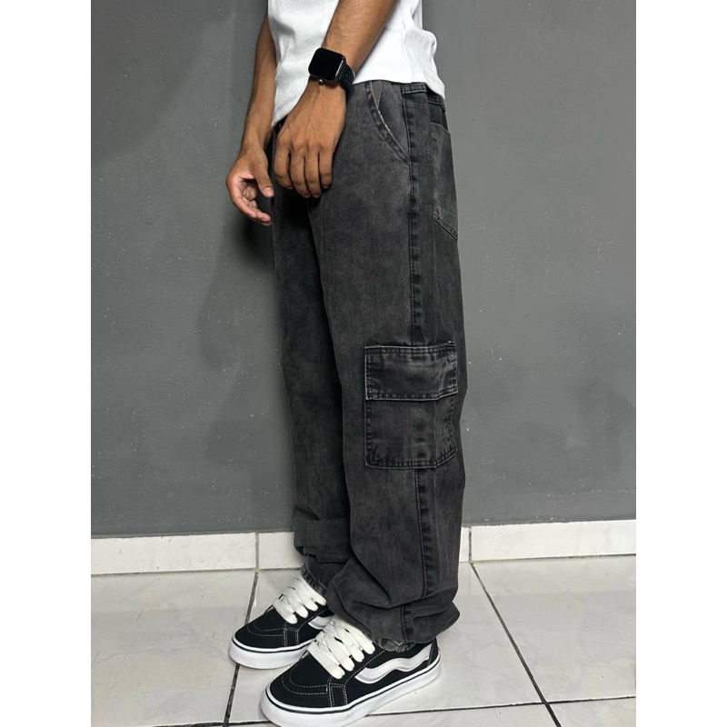 Calça Jeans Reta Balão Cargo Streetwear Estonada