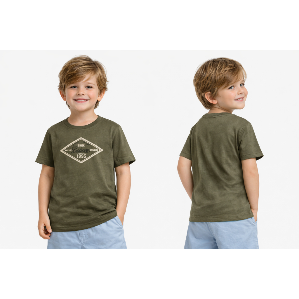 Camiseta Manga Curta Infantil Masculina Algodão Verde Militar Estampada Casual Confortável