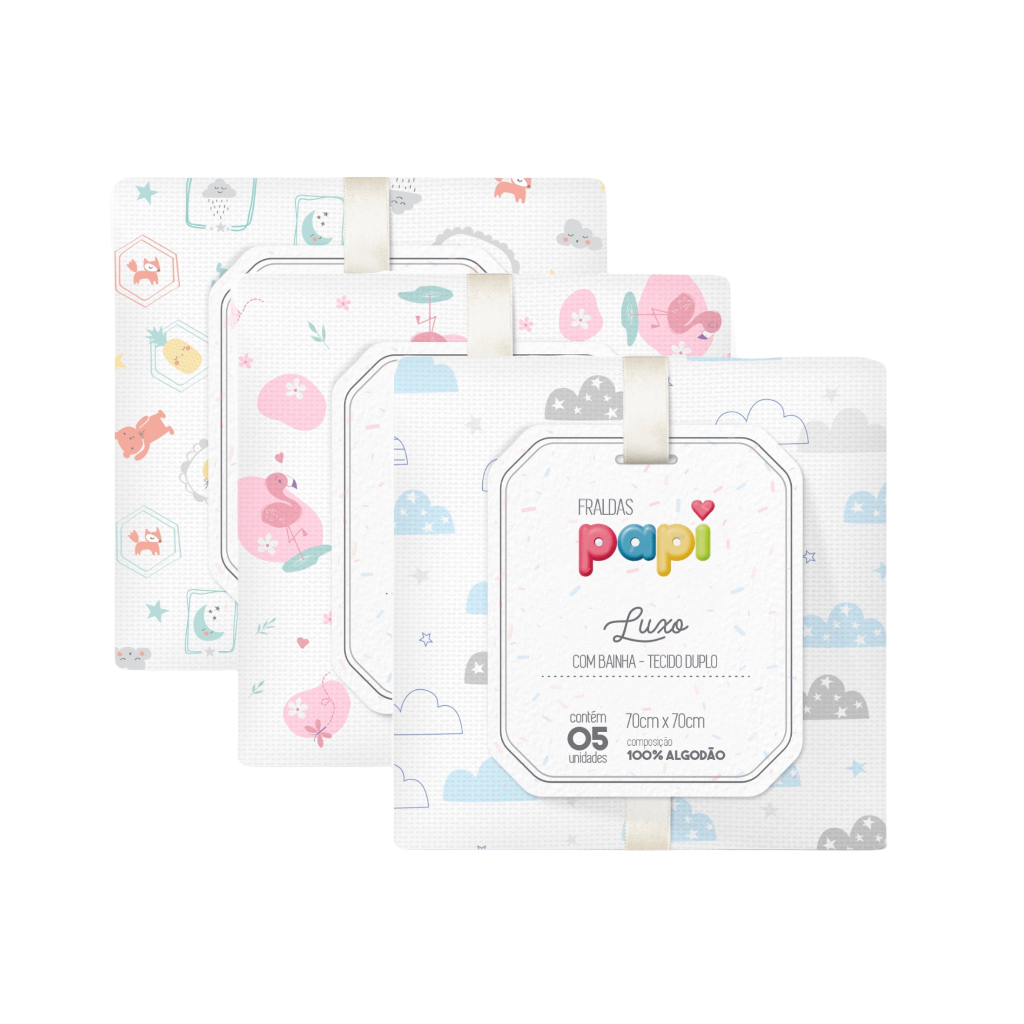 Fralda Papi Luxo Bebê Estampada Com Bainha e Tecido Duplo 5 Unidades 100% Algodão 70 cm x 67 cm