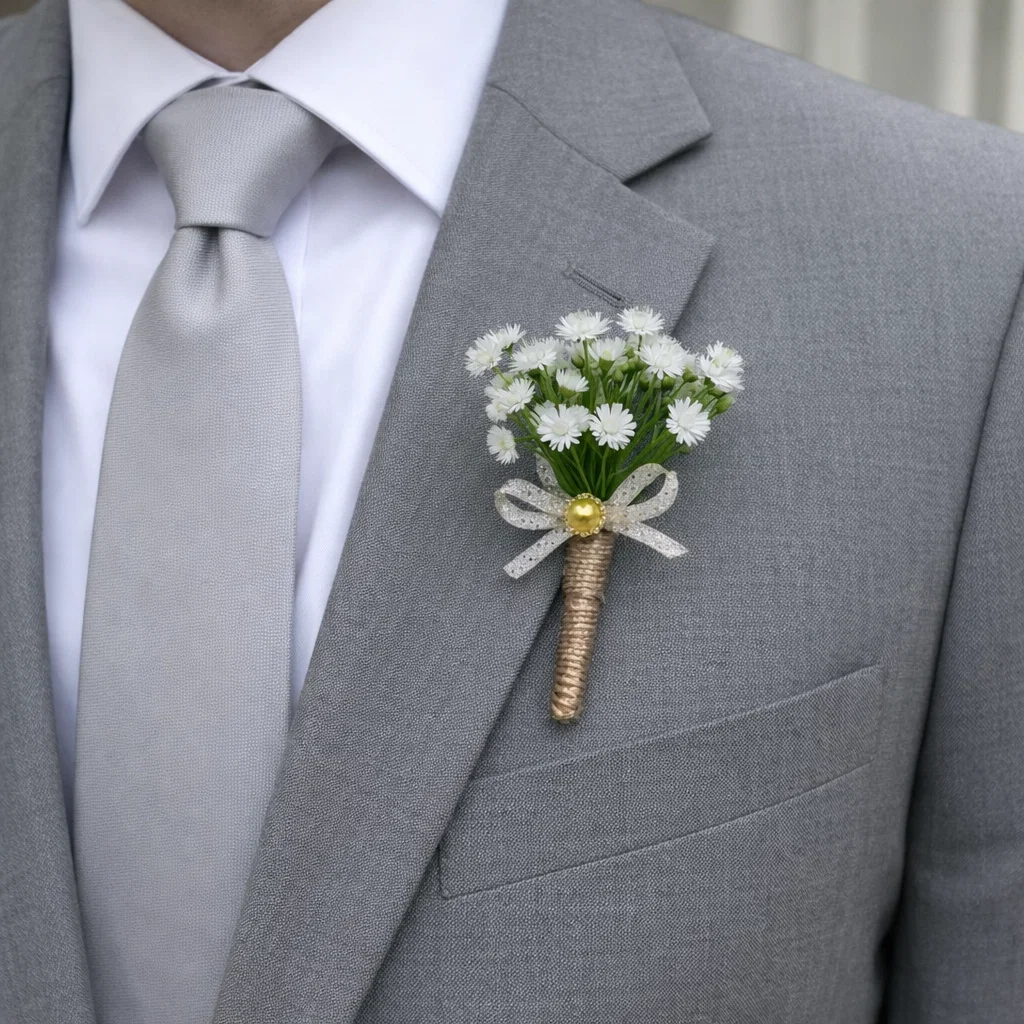 Lapela para Noivo e Padrinhos Flor Artificial Branca Premium Casamento Elegante Boutonniere Floral Festa