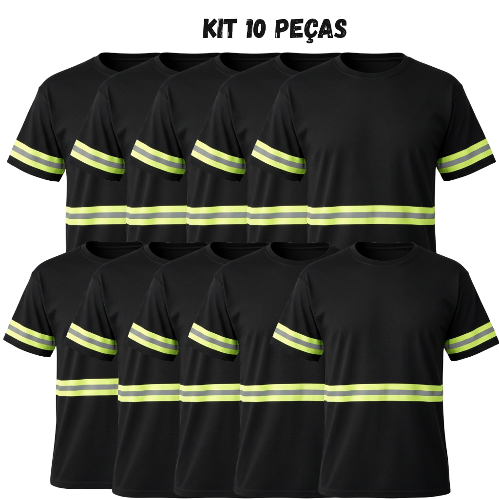 Kit 10x Camiseta Curta Profissional PV Malha Fria Faixa Refletiva Segurança Trabalho Construção P/G3