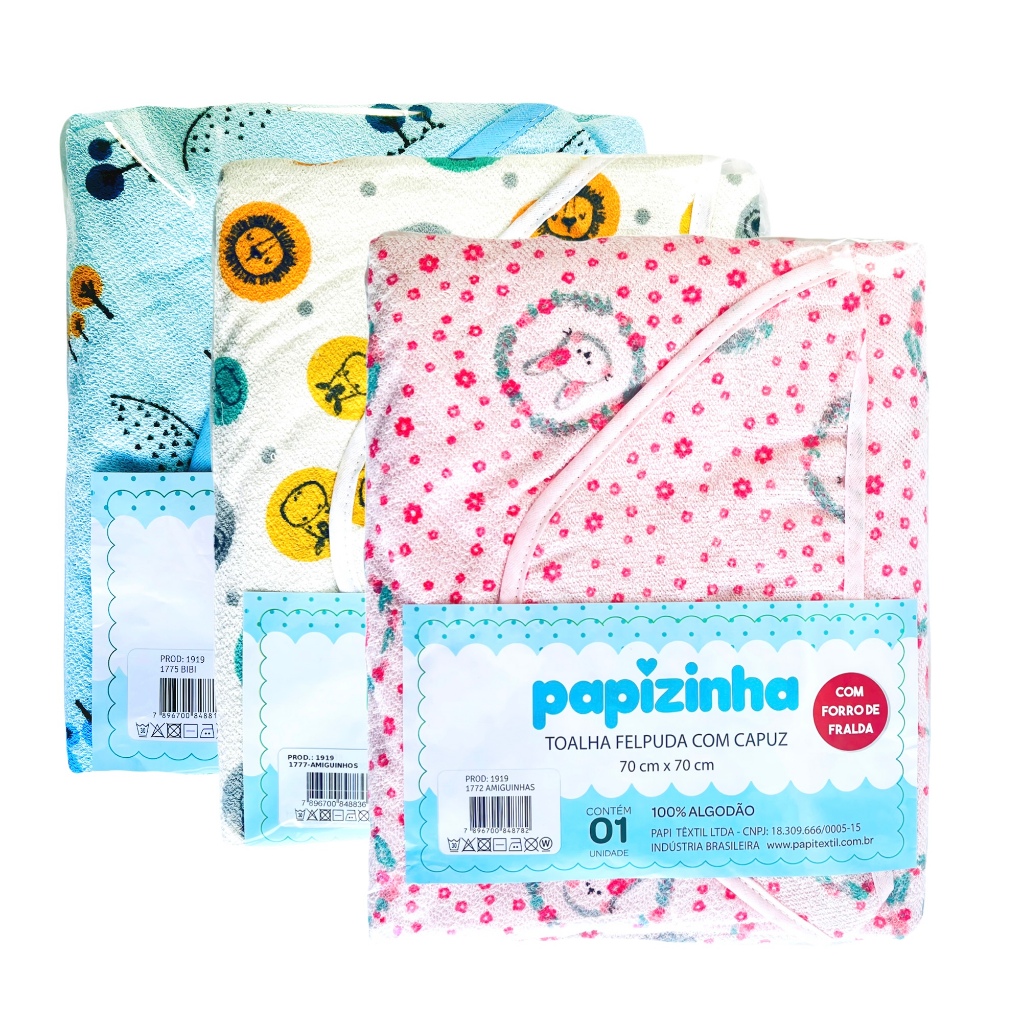 Toalha De Banho Bebê Infantil Felpuda Com Capuz e Forro De Fralda 100% Algodão 70 cm x 70 cm Papi