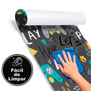 Papel de Parede Gamer Fundo Chumbo – Controles “Bora Jogar” para Quarto Infantil e Teen em Oferta na Shopee