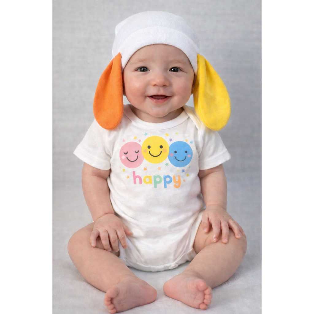 KIT 2 PEÇAS - BODY HAPPY SMILY +TOUCA COM TAPA ORELHINHAS PARA BEBÊ ROUPA ENXOVAL UNISSEX NEUTRO ACHADINHOS