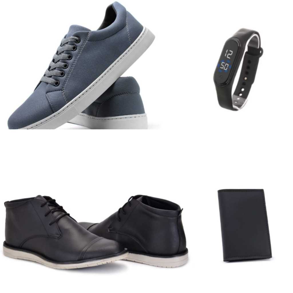 Sapatênis Casual Cinza + Sapato social cano Médio 605 com Couro Sintético + Relógio + Porta Cartão