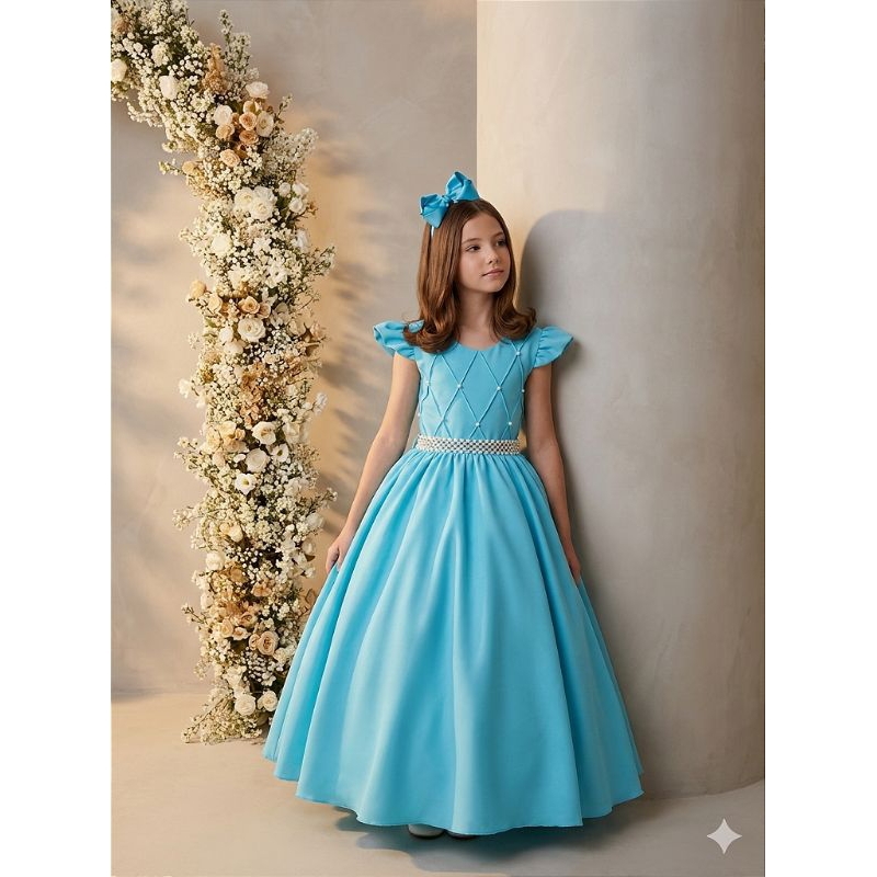 Vestido Infantil e Juvenil Longo Azul Tiffany Ysa Kids Ariane Festa Formatura Casamento Luxo