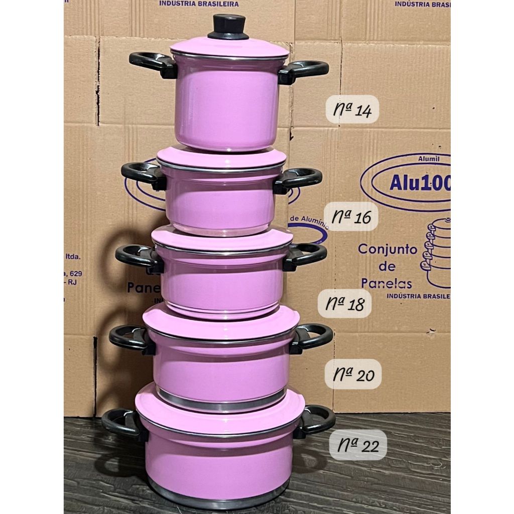 Jogo de Panelas caçarolas 5 peças em alumínio Rosa 14,16,18,20 e 22 cm em Oferta na Shopee