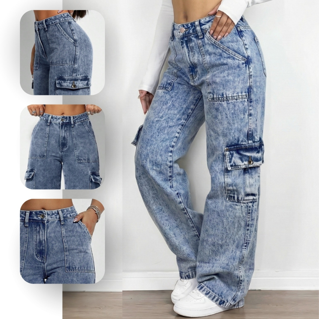 Calça Cargo Jeans Feminina Pantalonl em Oferta na Shopee