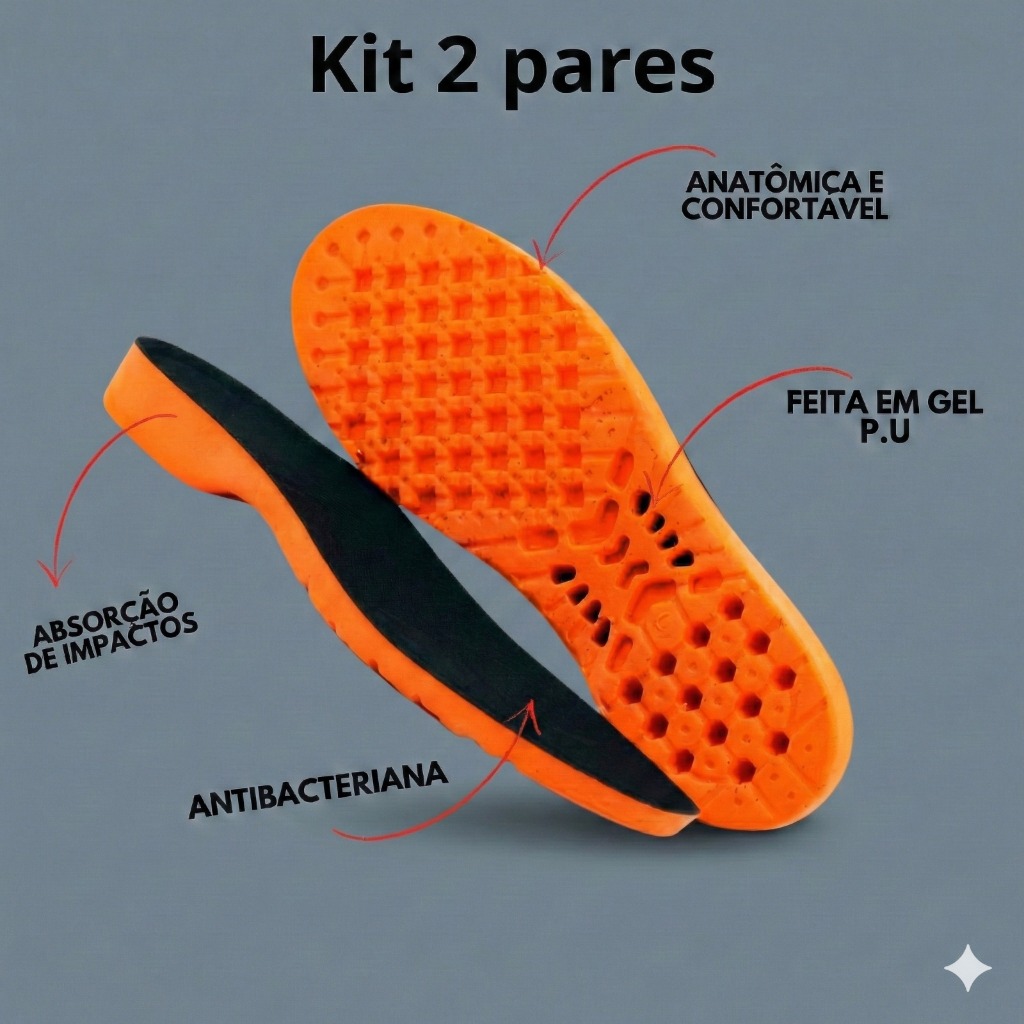Kit 2 Pares de Palmilha de Gel Ortopédica Macia Confortável Anatômica Confort Silicone Anti-impacto