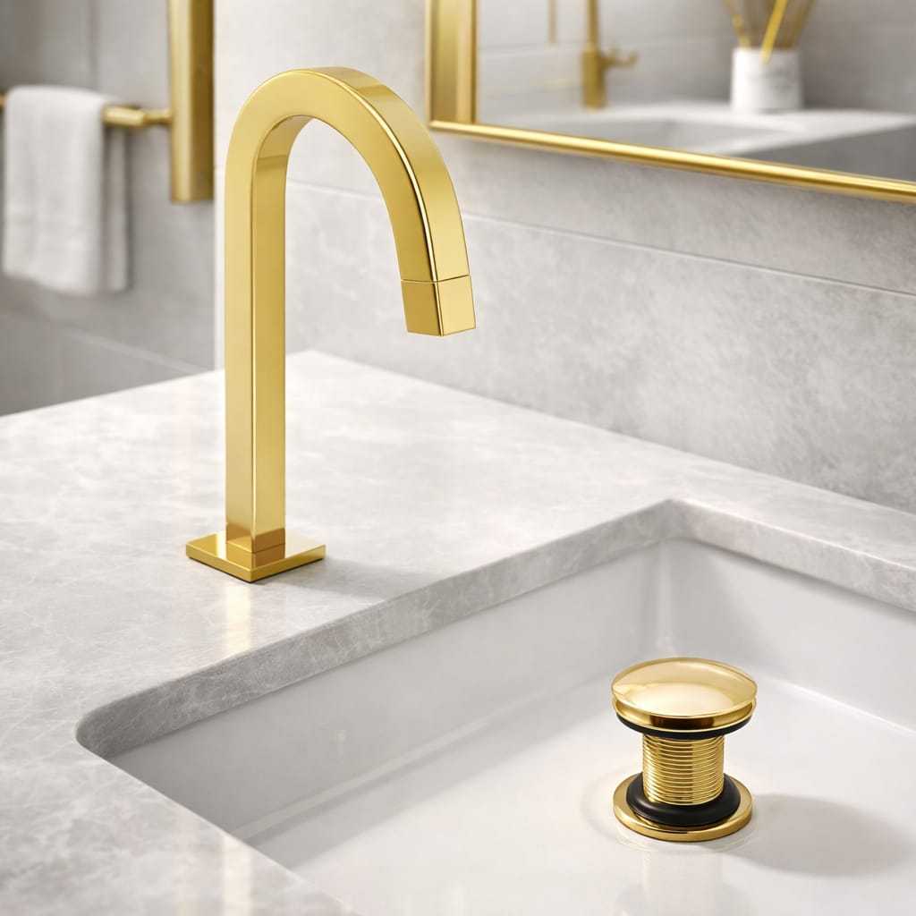 Kit De Banheiro Moderno Dourado INOX METAL Torneira Mais Válvula Click Ideal Para Cuba
