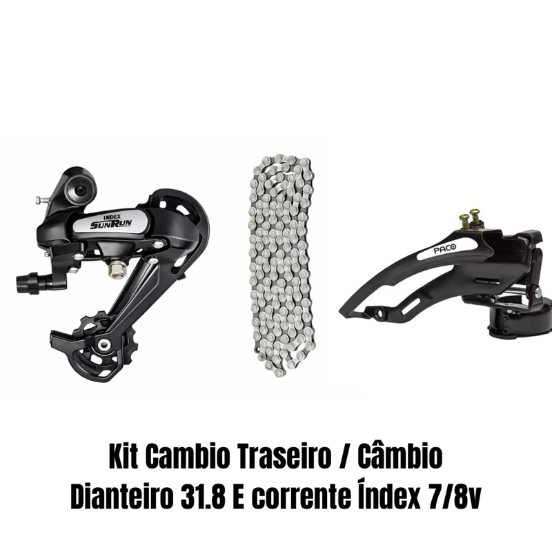 Kit Transmissao Câmbio Dianteiro + Câmbio Traseiro + Corrente 7/8V Index – Bicicleta MTB e Urbano