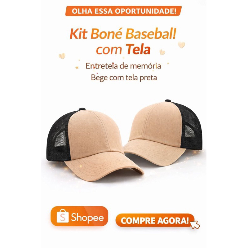 kit boné baseball com tela Entretela de memória Bege com tela preta 5 peças