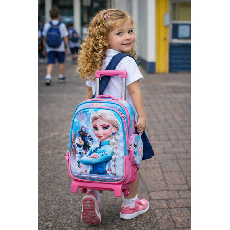 Kit Mochila da Frozen em 3D Princesas com Rodinhas + Lancheira Térmica + Estojo Escolar em Alto Relevo