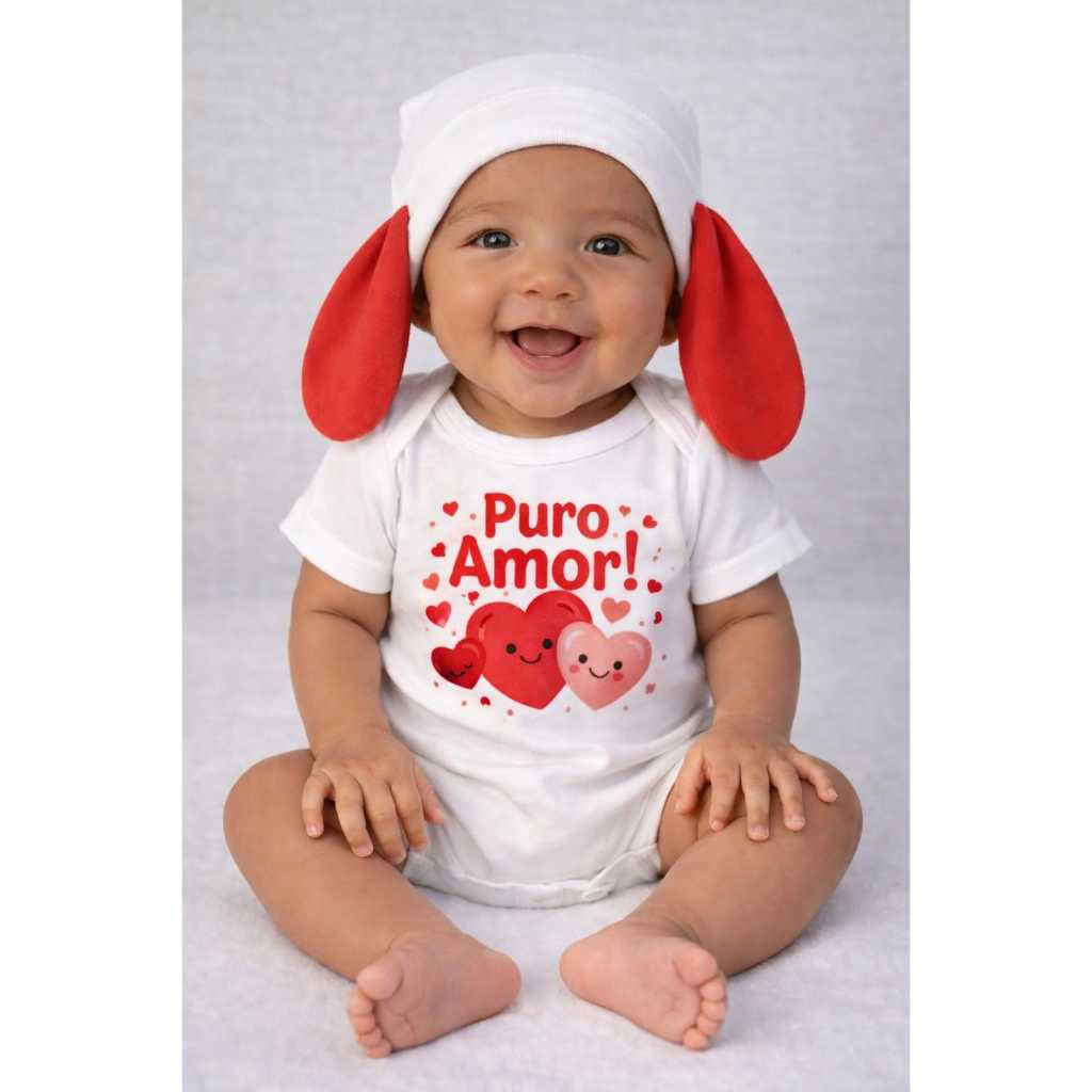 KIT 2 PEÇAS - BODY AMOR PURO COM CORAÇÕES  +TOUCA C/ TAPA ORELHINHAS PARA BEBÊ ROUPA ENXOVAL UNISSEX NEUTRO ACHADINHOS