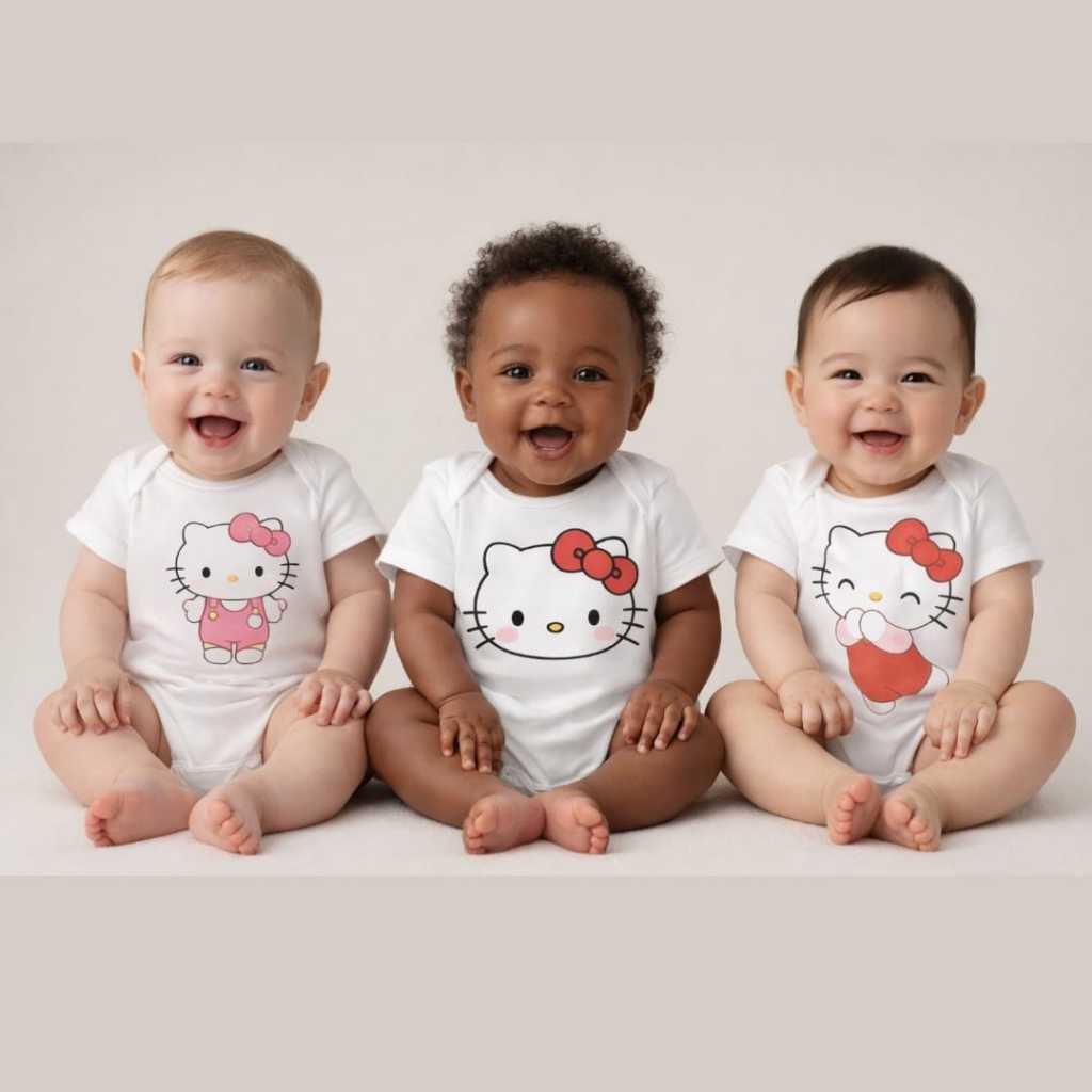 KIT 3 PEÇAS - 03 MODELOS DE BODY PARA BEBÊ COM TEMA HELLO KITTY ACHADINHOS ROUPA DE BEBE FOFOS