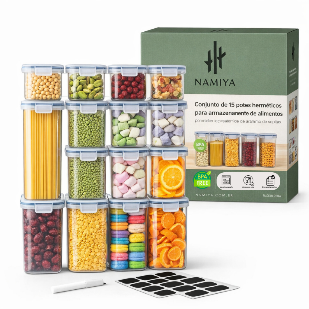 Kit 15 Potes Herméticos para Armazenamento de Alimentos, BPA Free, Plástico PP, com Travas Laterais e Vedação Silicone