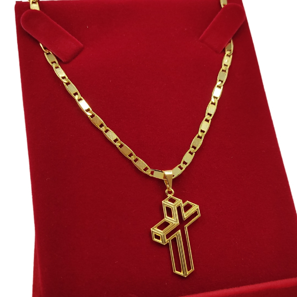 Colar Corrente Masculino Pingente Cruz 3D Corrente Italiana Piastrine 3mm 60cm Moeda Antiga