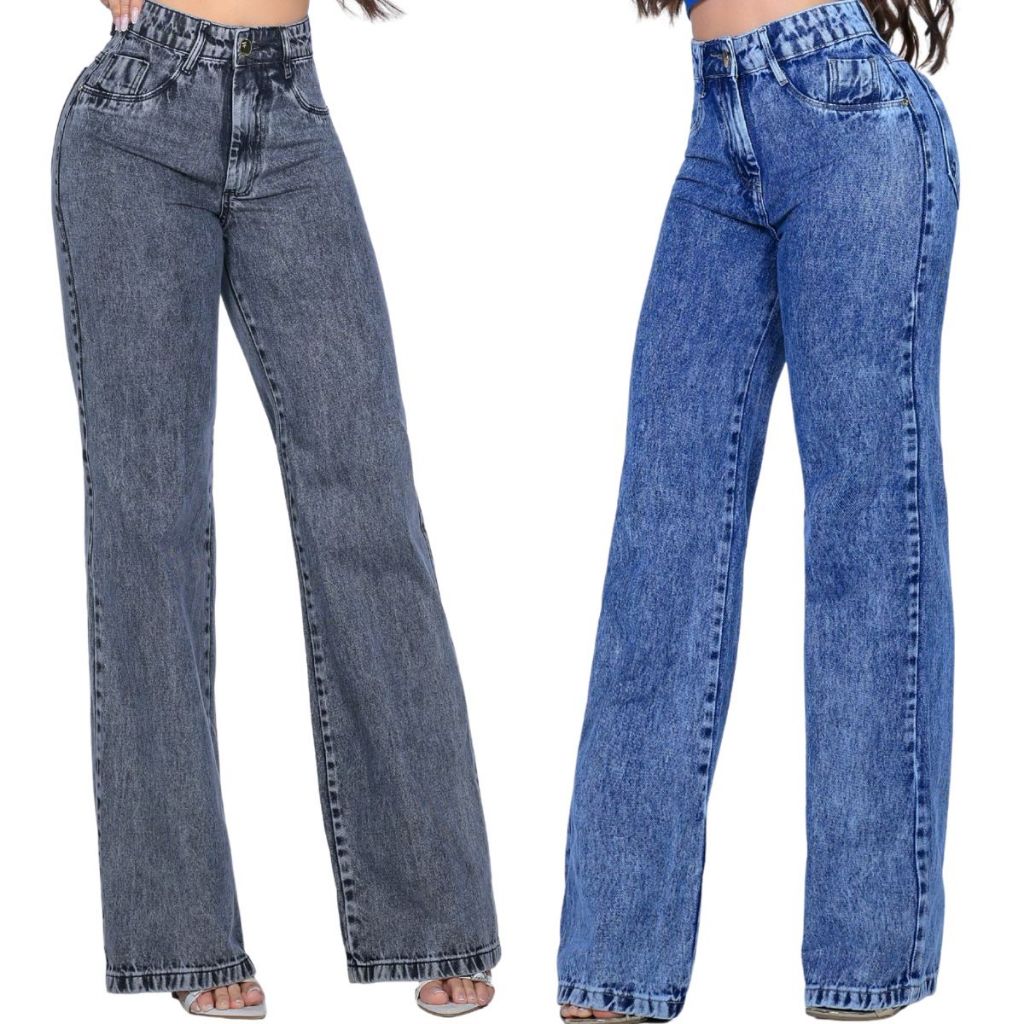 Kit 2 Calças Jeans Wide Leg Feminina Larga Modelagem Modeladora Premium em Oferta na Shopee