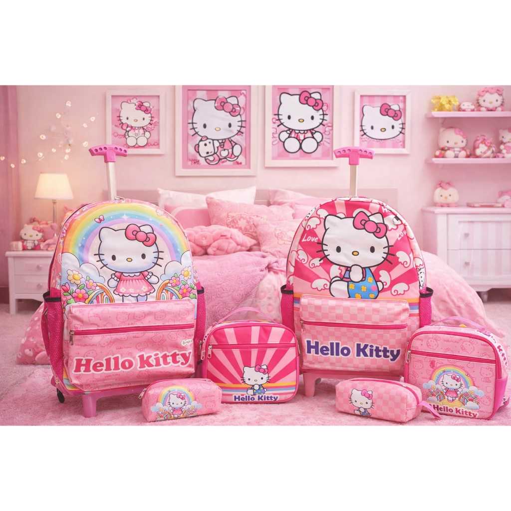 Kit Completo Mochila Carrinho Hello Kitty Escolar Meninas TOP