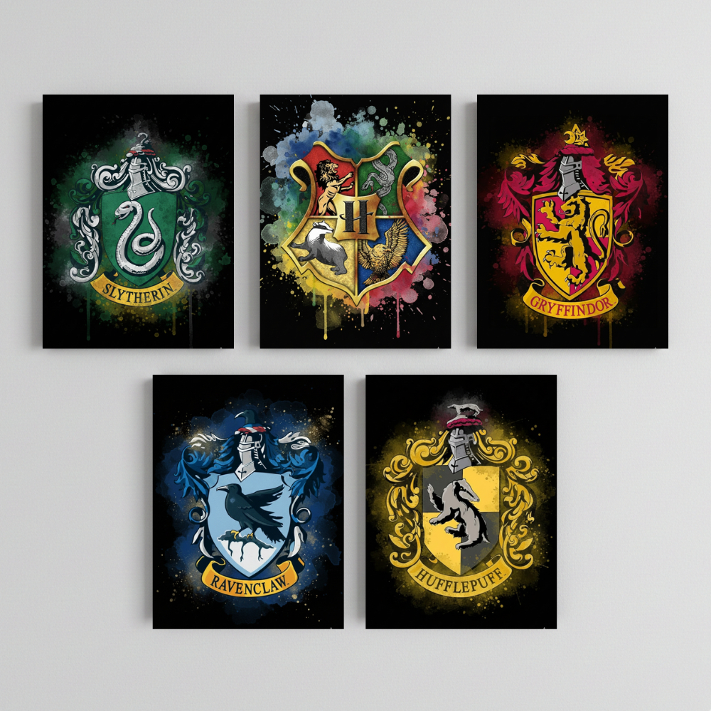Quadros decorativos 5 peças Harry Potter brasão das casas Lufa-lufa, Corvinal, Sonserina, Grifinória, Hogwarts