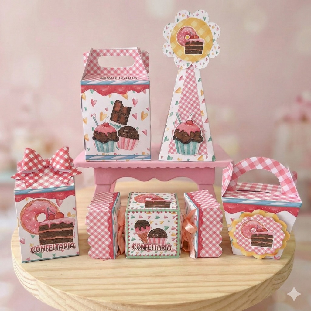 Kit Festa Confeitaria Rosa 20 Peças - Caixinhas de Papel Pegue e Monte - Lembrancinha Aniversário