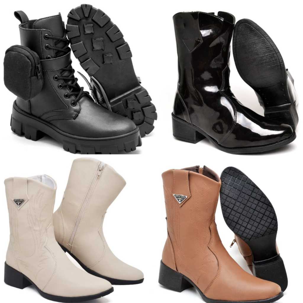Coturno Tratorado Feminino com Bag Preta + 3 Pares de Bota Texana (Preto, Caramelo e Off White)