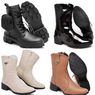 Coturno Tratorado Feminino com Bag Preta + 3 Pares de Bota Texana (Preto, Caramelo e Off White)