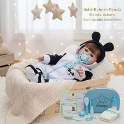 Kit Boneco Bebê Reborn Menino Panda 48cm Vinil Siliconado com Bolsa Fraldas Mamadeira e Acessórios