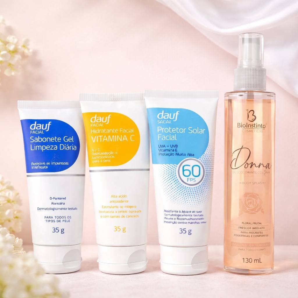 Kit Skincare Completo + Body Spray - Sabonete em Gel, Vitamina C Protetor Solar FPS60 + Perfume Rotina Facial Completa
