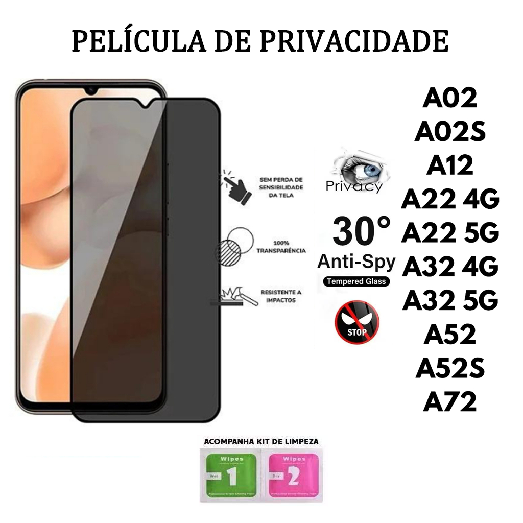 Película De Privacidade 3D Vidro Temperado Anti-Spy Para Samsung A02 A02S A12 A22 4/5G A32 4/5G A52 A52S A72 em Oferta na Shopee