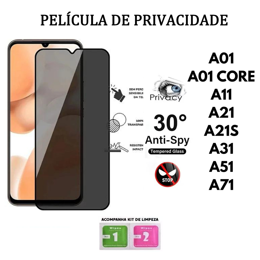 Película De Privacidade 3D Vidro Temperado Anti-Spy Para Samsung A01 A01 CORE A11 A21S A31 A51 A71