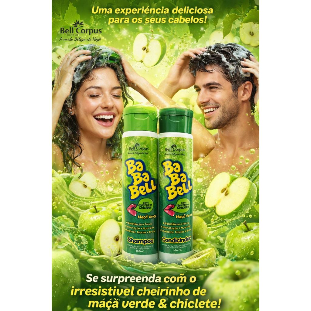 KIT SHAMPOO E CONDICIONADOR BABABELL MAÇA VERDE CHEIRINHO DE CHICLETE- BELLCORPUS 380ML