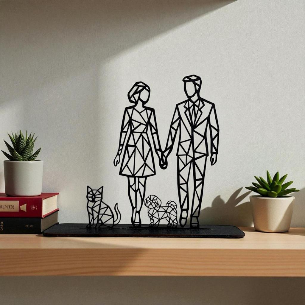 Escultura Decorativa Família em MDF Premium | Casal Minimalista com Dois Pets | Decoração Moderna Sofisticada em Oferta na Shopee