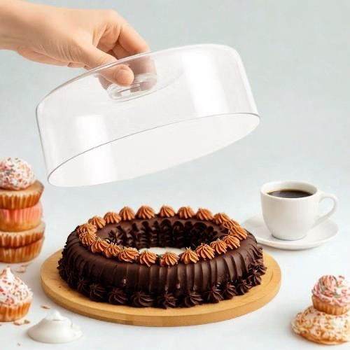 Boleira Premium de Madeira e Tampa Acrílica Mesa Posta Bolos Grande 30cm