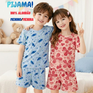 Pijama Infantil Conjunto 100% Algodão Menino e Menina Manga Curta e Short