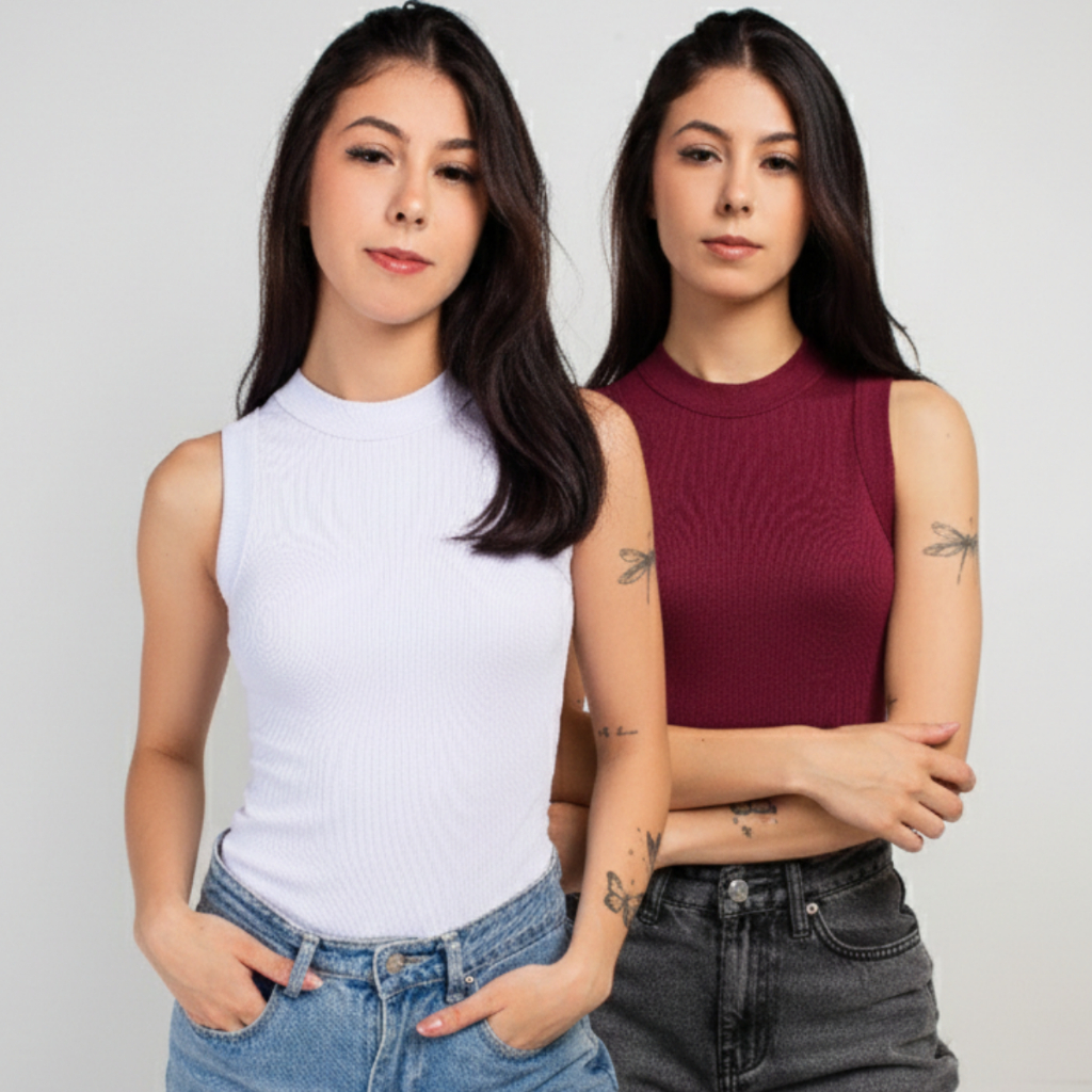Regatas Caneladas Femininas Tendência Básicas Estilosa Algodão Com Elastano Premium Kit 2 Peças