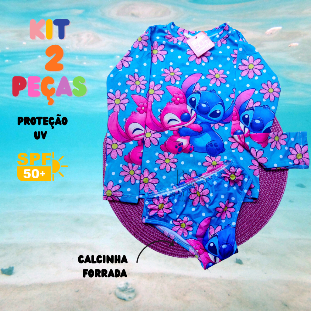 Biquini Infantil Menina Conjunto Proteção Solar UV Praia Camisa Manga Longa e Calcinha