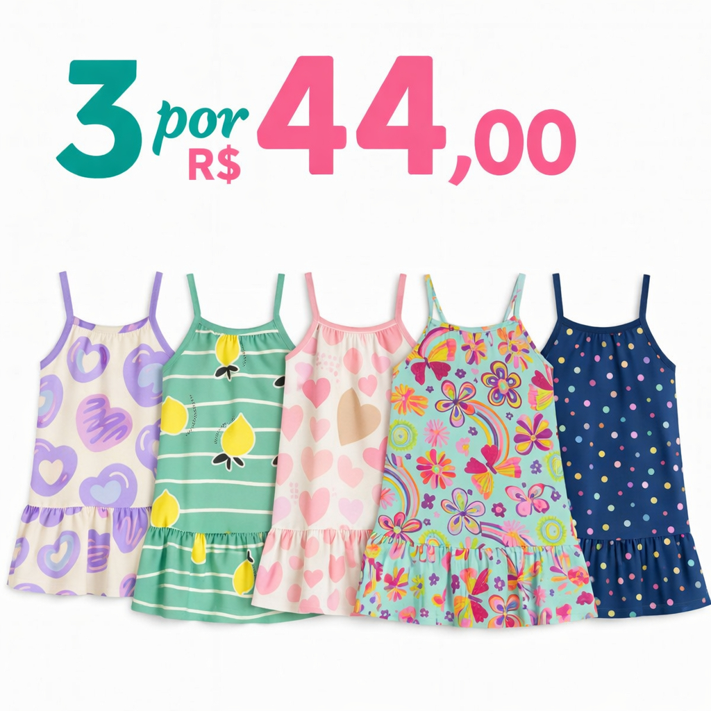 Kit 3 Vestido Infantil Menina Tam 1 Ao 8 Princesa Alcinha Verão Criança Estampado Luxo Feminino Verão Praia