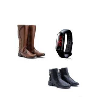 Bota de cano alta marrom+bota de conturno preto+relógio digital