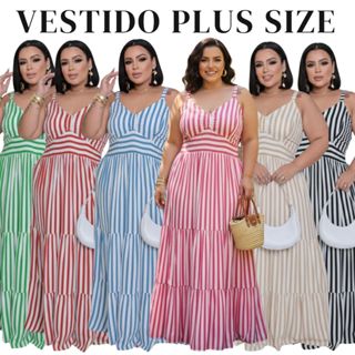 Vestido Longo Plus Size Alça Regulável Com Bojo Elastex nas Costas Listrado - Estampado 46 ao 52 Tendencia Moda Listrado em Oferta na Shopee