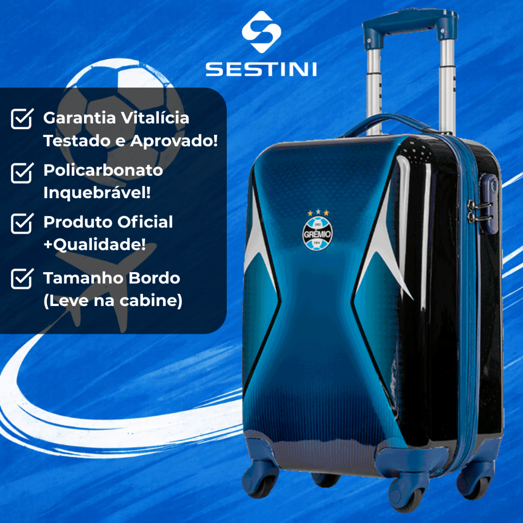 Mala OFICIAL Grêmio com Garantia Vitalícia Sestini, Tamanho Bordo 10kg, Inquebrável em Policarbonato