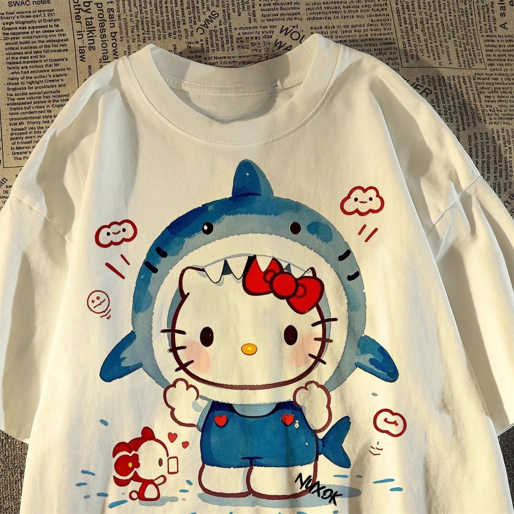 PROMOÇÃO Camiseta Hello Kitty Tubarão Fofo Camisa 100% Algodão Unissex