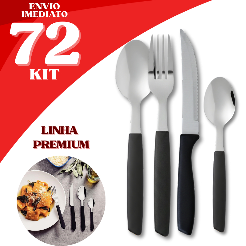 Jogo de Talheres 48 Peças Inox Cabo Preto Linha Premium Garfo Faca Colher Sopa Chá Café Mesa Jantar