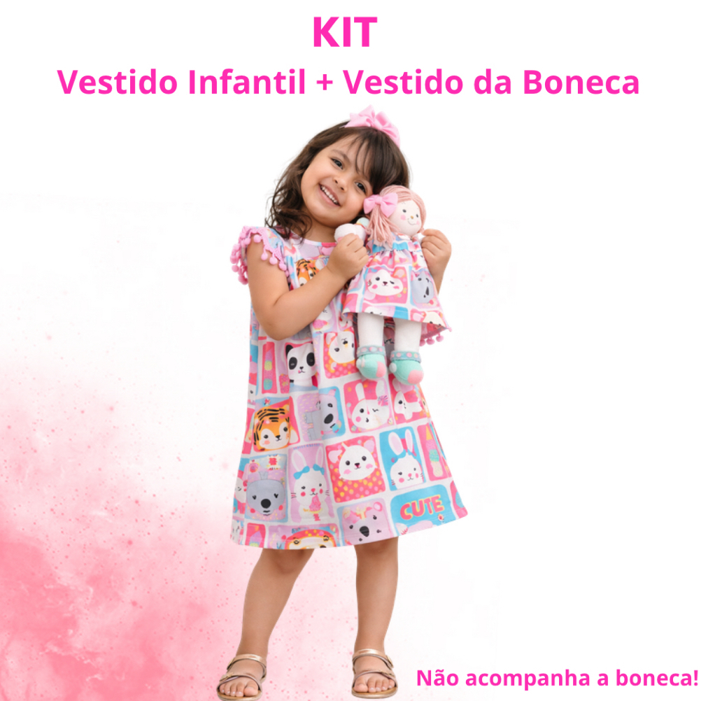 Kit Vestido Bonecas Infantil Criança Estampado Vestido Manga Bufante Vestido Rosa Midi Infantil Vestido Menina Festa