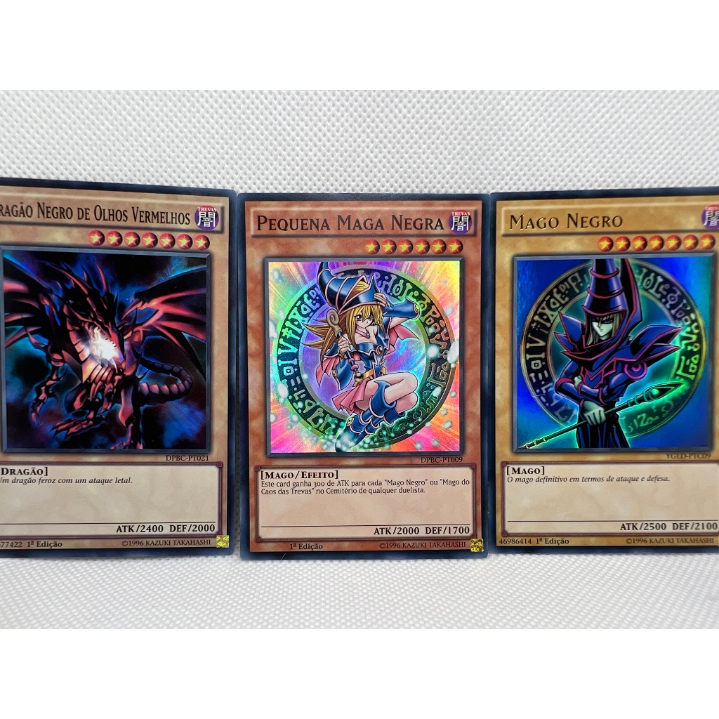 Mago Negro + Maga Negra + Dragão Negro de Olhos Vermelhos 1° Edição Super e Ultra Raros Yugioh!