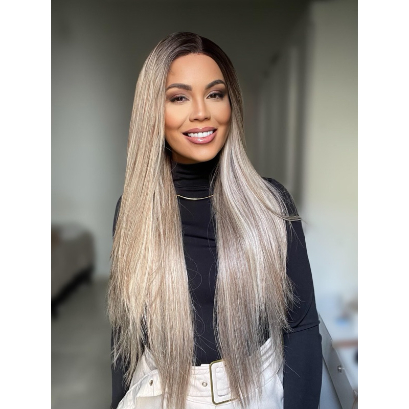 peruca Wig lace front Mayara Loira repartição livre 13x4 lisa 75cm Blend (30% humano + 70% fibra de ultra proteina