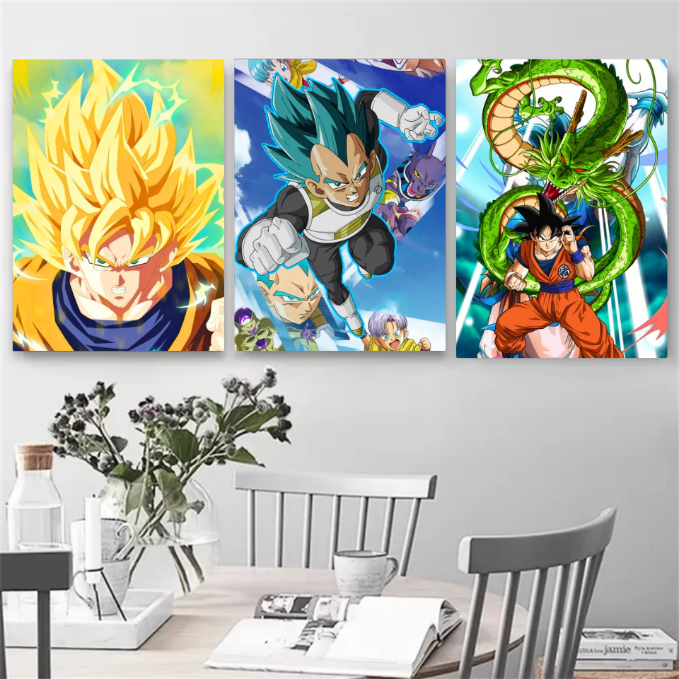 Kit 3 Quadros Placa Decorativo Anime Dragon Ball Z Goku Vegeta Majin Boo Gohan Bulma 17 Modelos Cartaz Poster Geek 19x27