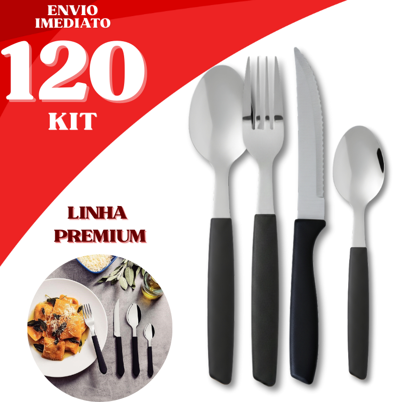 Jogo de Talheres 120 Peças Inox Cabo Preto Linha Premium Garfo Faca Colher Sopa Chá Café Mesa Jantar