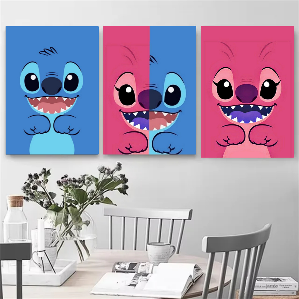 Kit 3 Quadros Placa Decorativo Anime Stitch e Angel Desenhos Infantil Decoração Quarto Criança Cartaz Poster Geek 19x27
